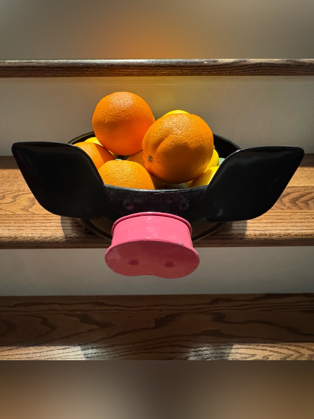Black Metal Pig Fruit Bowl with Pink nose. Faux fruit included